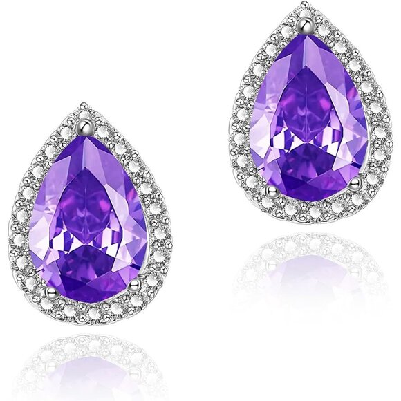 Women's Teardrop Mall Dainty Birthstone Cubic Zirconia Purple Elegant Earring - Picture 1 of 6